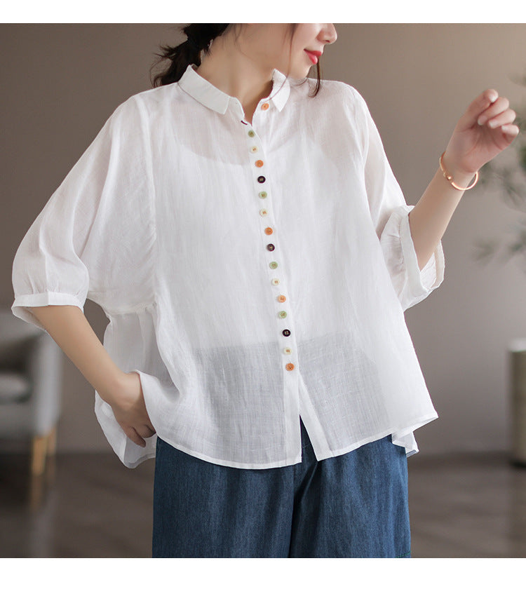 Literary Solid Color Lapel Bat Sleeve Shirt