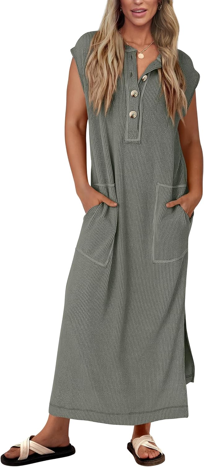 Women's  Ribbed Knit Henley Button Up Maxi Dress (Buy 2 Free Shipping)