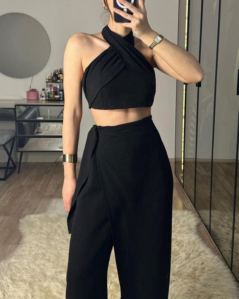 Fashion Lace-Up Top & Lace-Up Pants Two-Piece Set