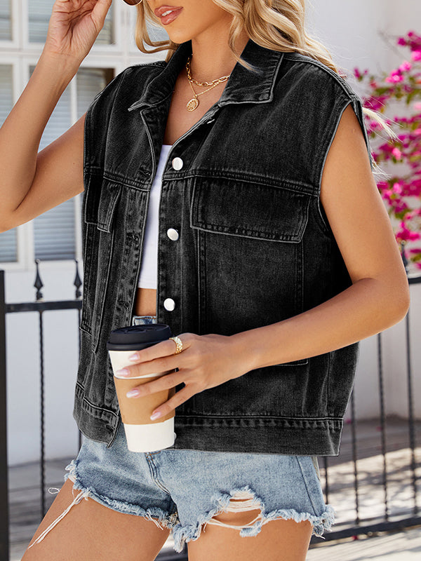 Loose Sleeveless Buttoned Pockets Lapel Vest Outerwear