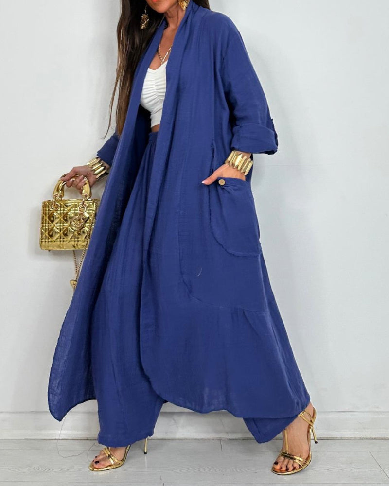 Casual Long Cardigan & Pants Two-piece Set
