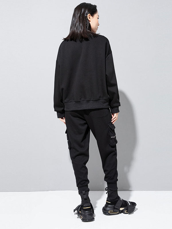 Casual Loose Long Sleeves Asymmetric Solid Color Zipper Round-Neck Sweatshirt Tops