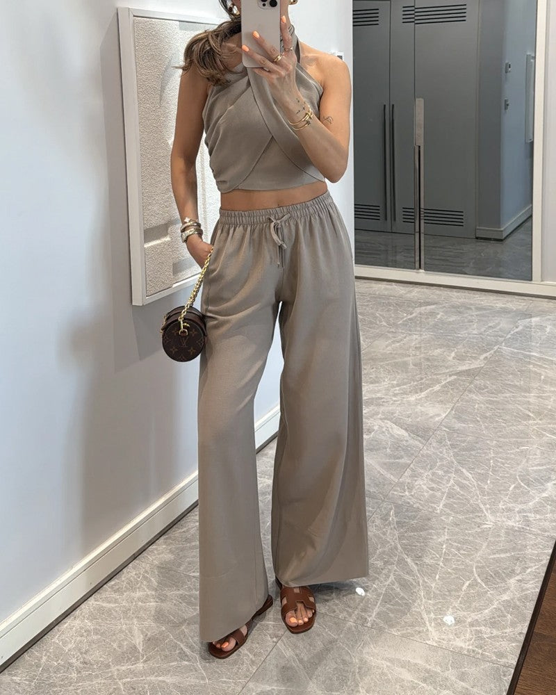 Casual Solid Color Lace-Up Top & Pants Two-Piece Set