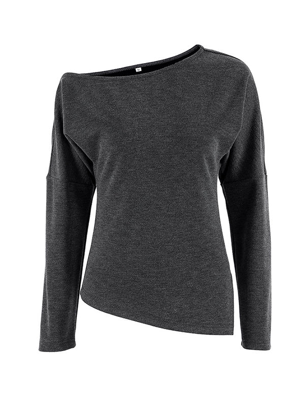 Long Sleeves Loose Solid Color Split-Side One-Shoulder T-Shirts Tops