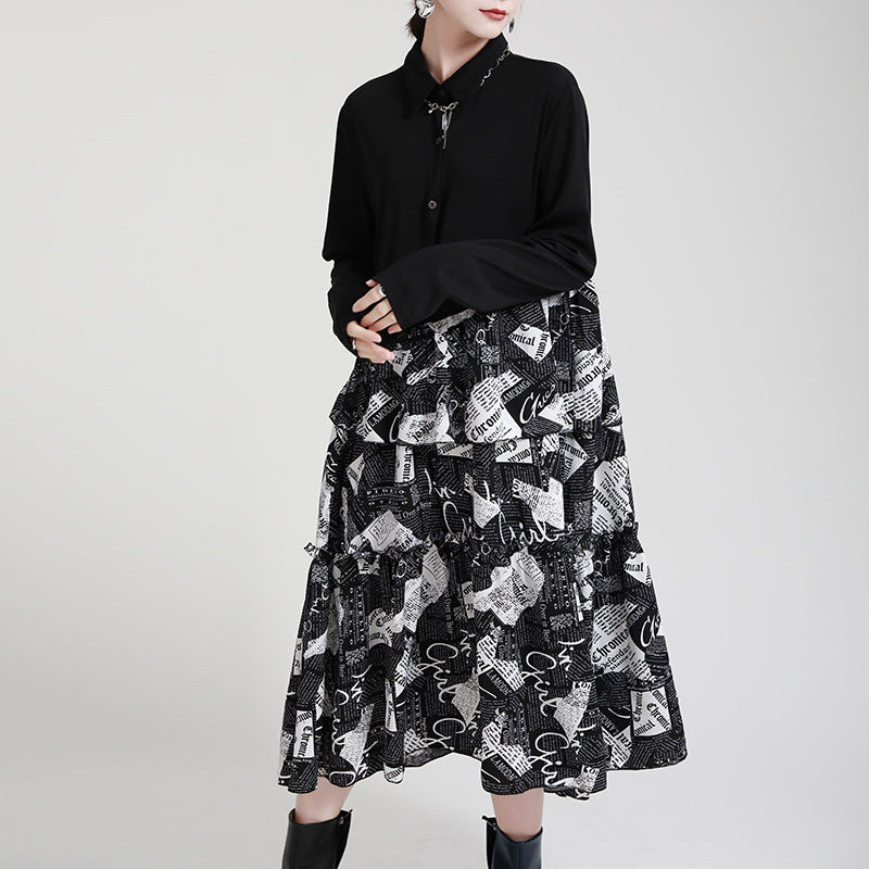 Irregular Splicing Long Sleeve Midi Dress