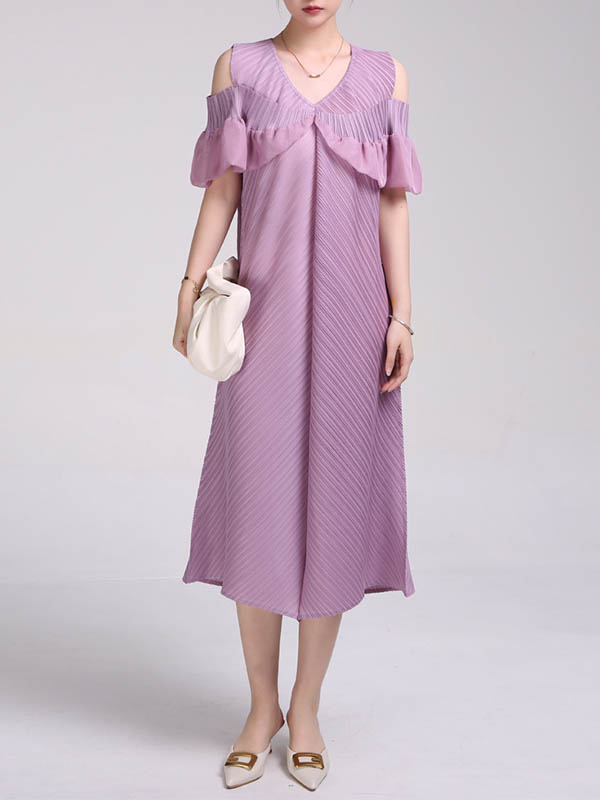 A-Line Loose Pleated Solid Color Split-Joint Cold Shoulder Midi Dresses