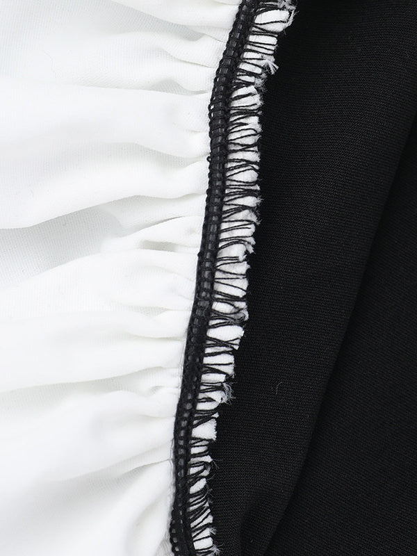 Long Sleeves Skinny Contrast Color Pleated Split-Joint Round-Neck Mini Dresses