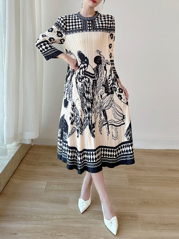 A-Line Loose Pleated Printed Round-Neck Midi Dresses