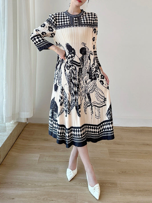 A-Line Loose Pleated Printed Round-Neck Midi Dresses