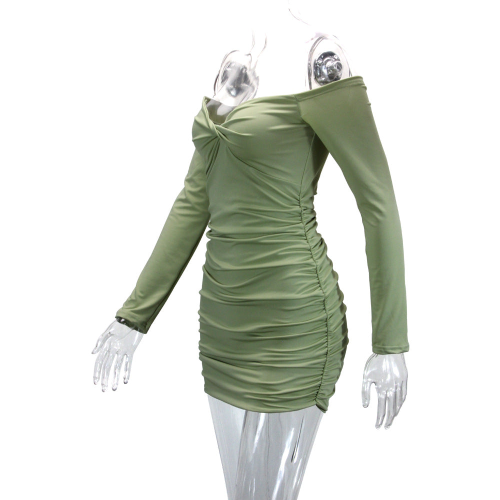Women's clothing European and American sexy pleated off-neck long sleeve ladies dress