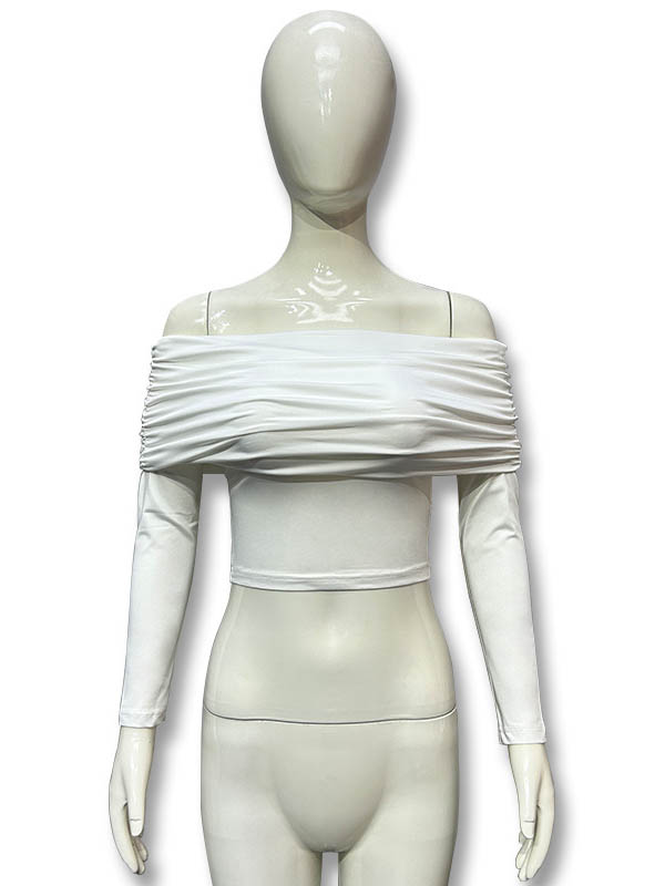 Skinny Pleated See-Through Solid Color Split-Joint Off-The-Shoulder T-Shirts