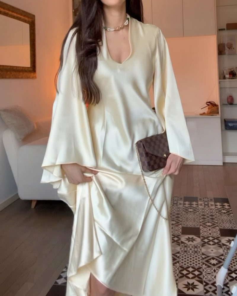 Elegant Solid Color V-Neck Horn Sleeve Dress