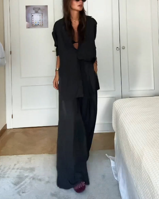 Fashion Solid Color Comfortable Shirt & Pants Two-piece Set