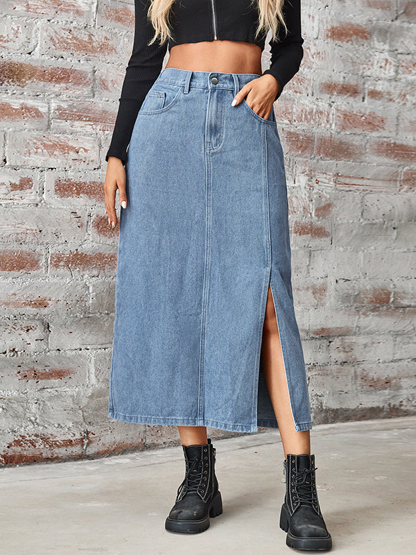 A-Line High Waisted Elasticity Pockets Split-Side Skirts Bottoms