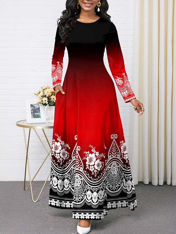 Long Sleeves Contrast Color Floral Printed Round-neck Maxi Dresses