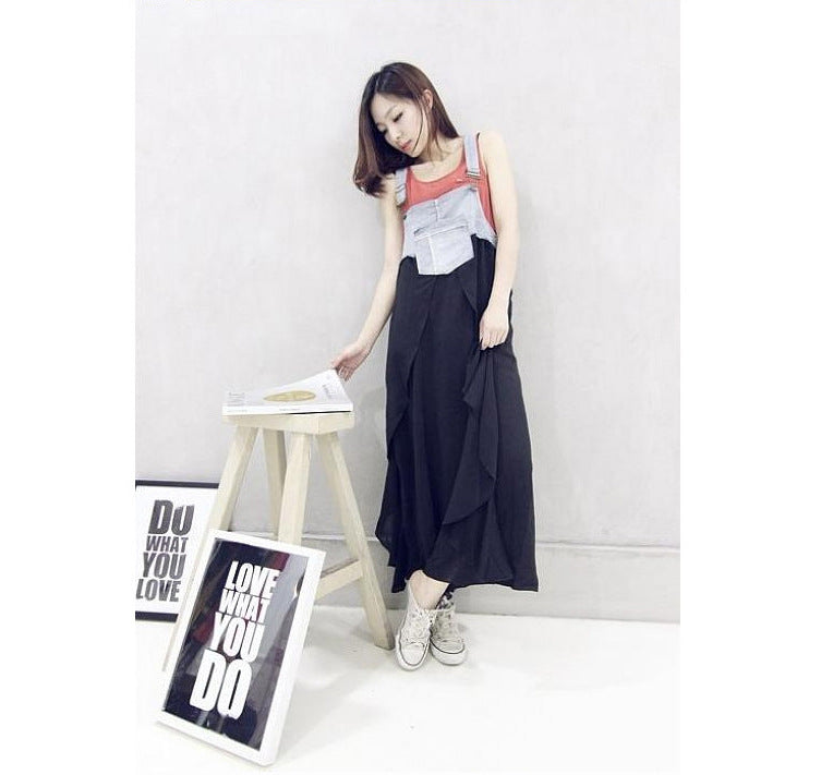 Loose Denim Splicing Suspender Maxi Dress