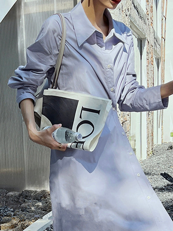 Long Sleeves Loose Asymmetric Solid Color Lapel Shirt Dress