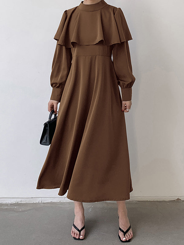 A-Line Long Sleeves Ruffle Trim Solid Color Tied Waist Mock Neck Midi Dresses