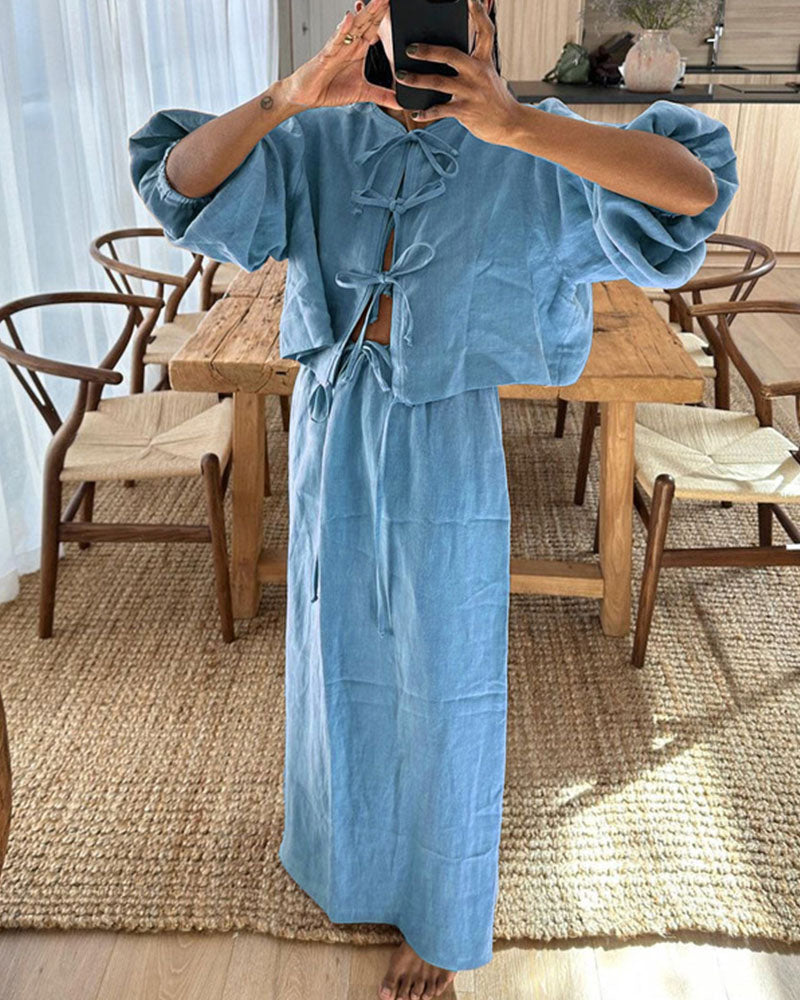 Retro puff sleeve two piece set