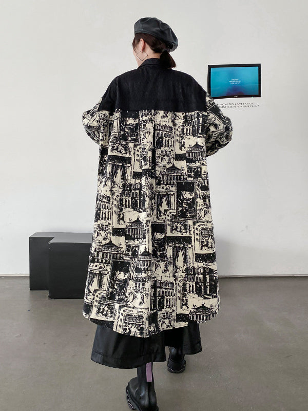 Vintage Print Lapel Windbreaker Coat