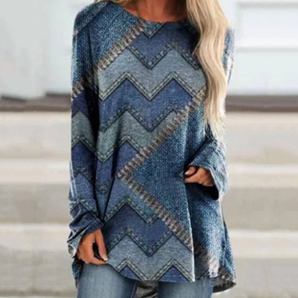 Long Sleeve Round Neck Mid-Length Geometric Casual Women's T-Shirt