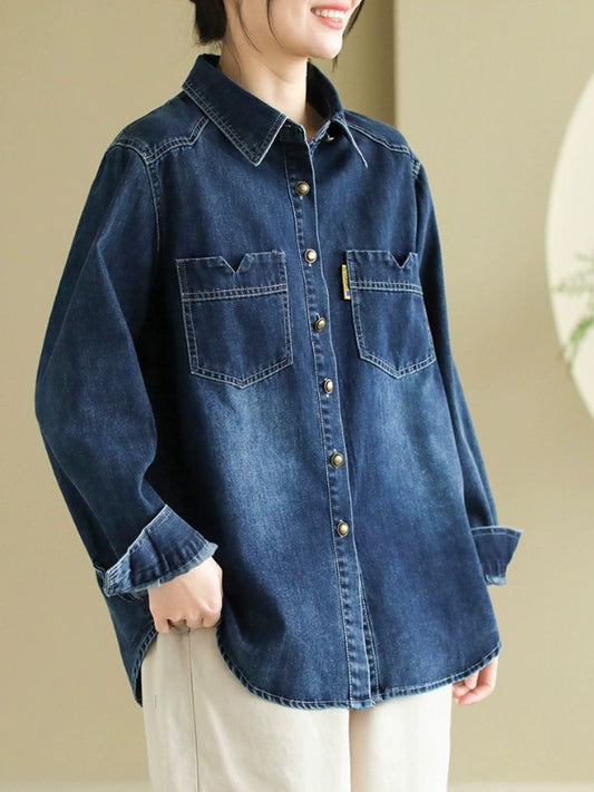 Retro Denim Lapel Long Sleeve Shirt