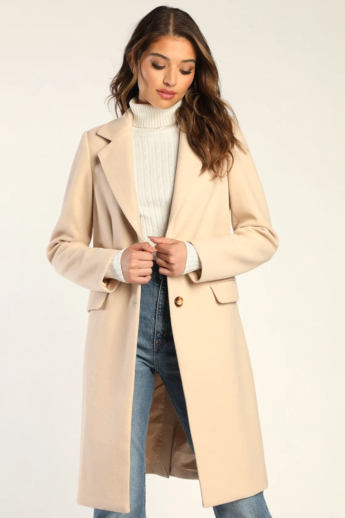 Women Cream Shearling Jacket Zip-Front Cinching Hem Jacket