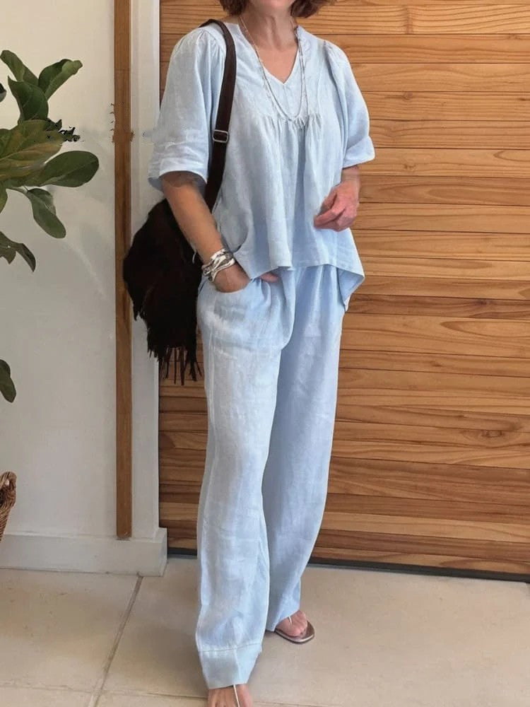 Solid Color Loose Short Sleeve Trousers Set
