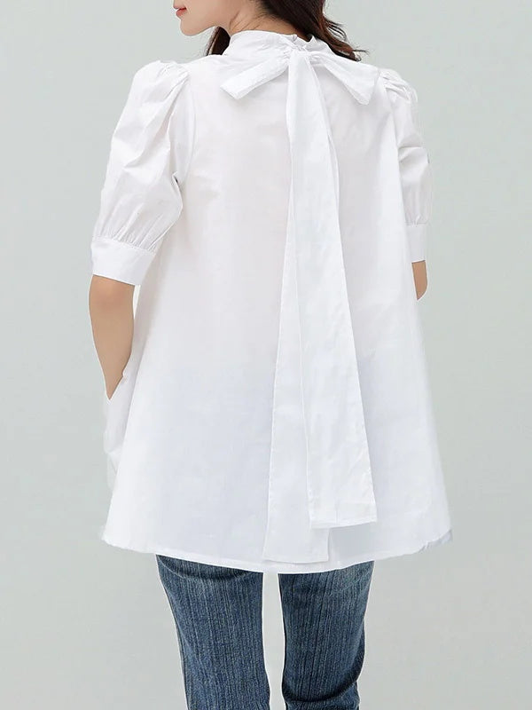 Half Sleeves Loose Bowknot Pleated Solid Color Mock Neck Blouses&Shirts Tops