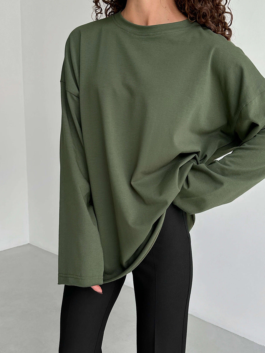 Women's cotton T-shirt spring and autumn loose solid color Oversize round neck long sleeve loose top