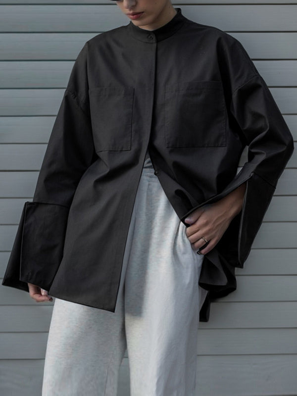 Long Sleeves Loose Buttoned Pockets Solid Color Stand Collar Blouses&Shirts Tops