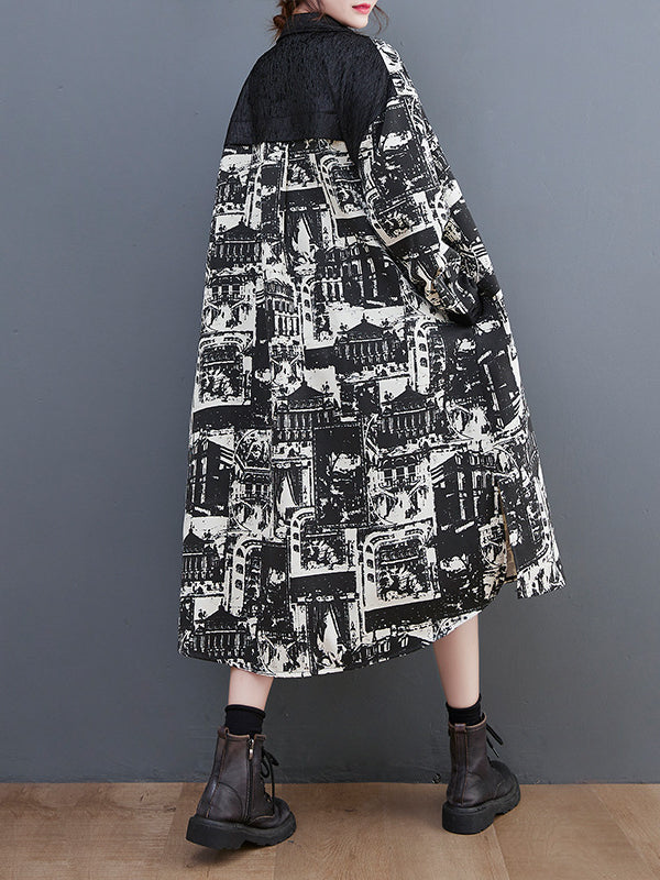 Vintage Print Lapel Long Sleeve Coat