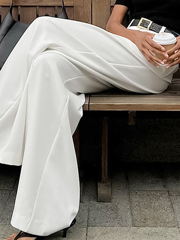 High Waisted Loose No Belt Pleated Pockets Solid Color Suit Pants Trousers