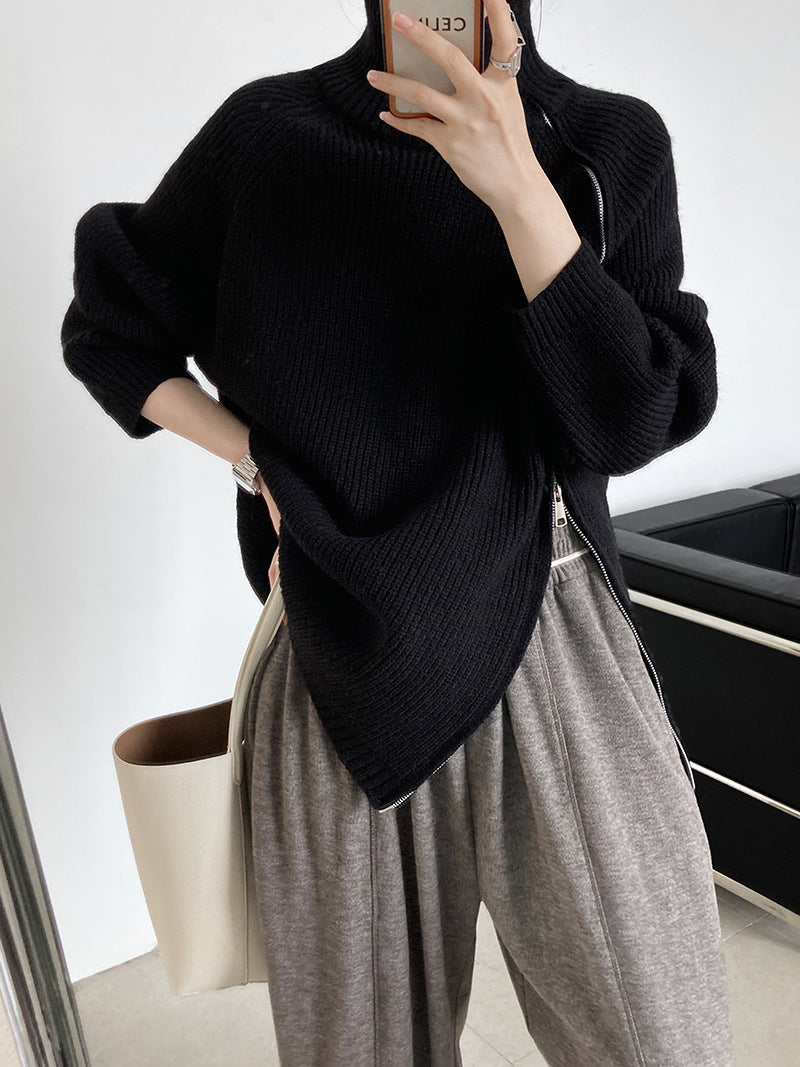Casual Solid Color Zipper Turtleneck Knit Sweater