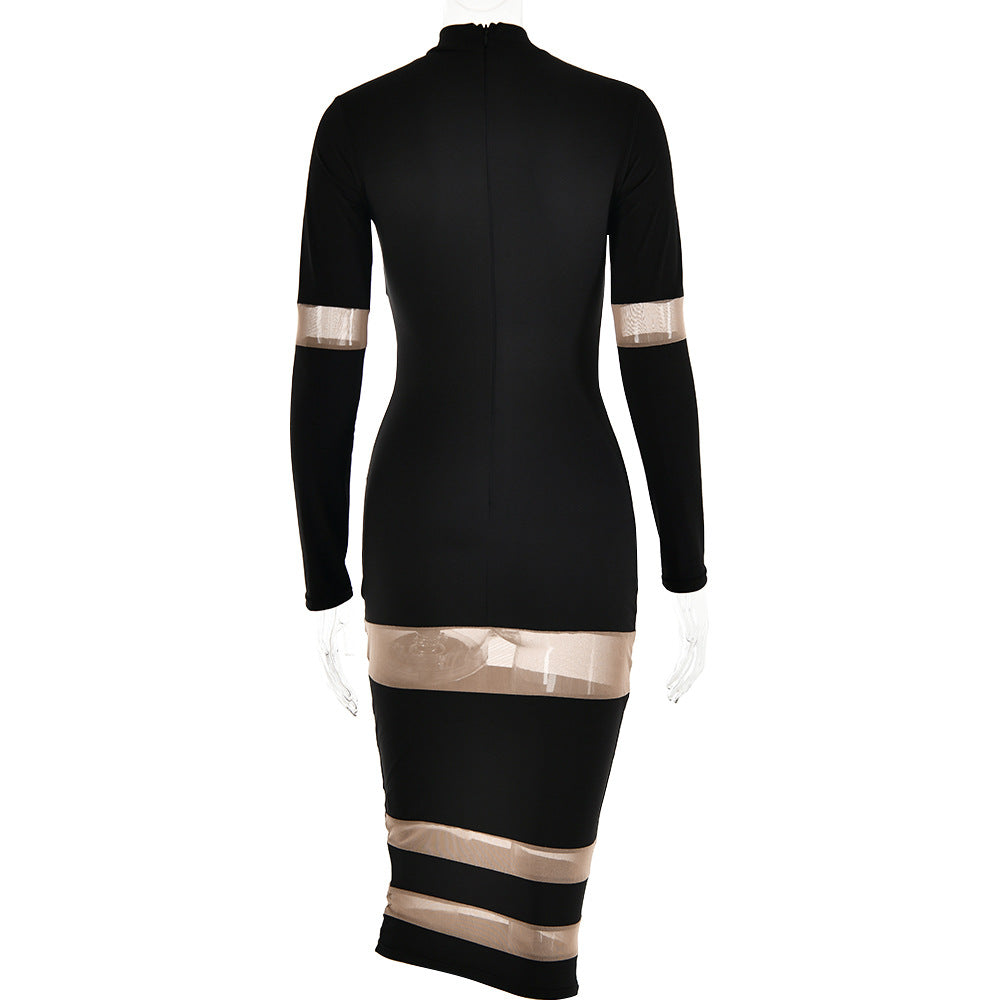 Round-neck long-sleeved dress women's stitching see-through sexy dresses autumn