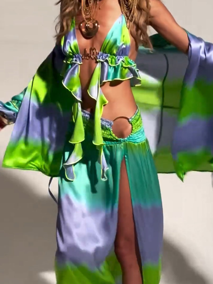 Vacation gradient print sexy three-piece set