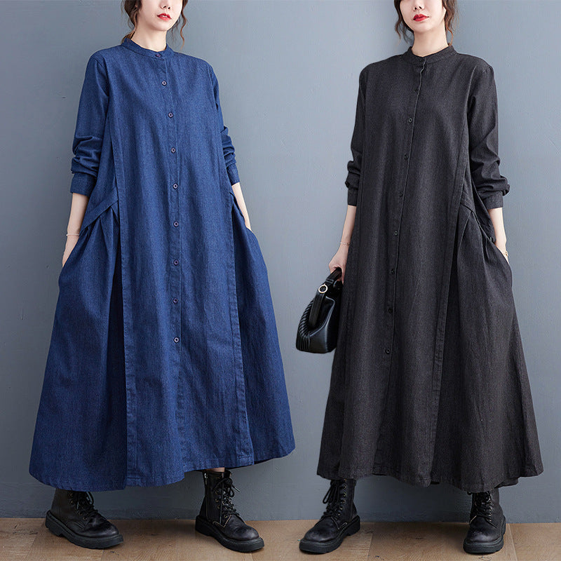 Loose Pleated Stand Collar Denim Midi Dress