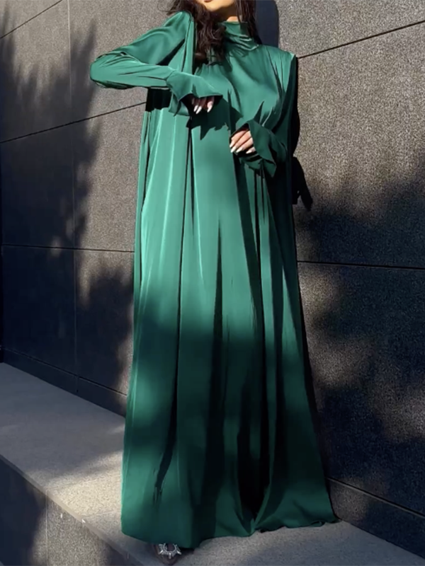 Flared Sleeves Long Sleeves Solid Color High-Neck Maxi Dresses