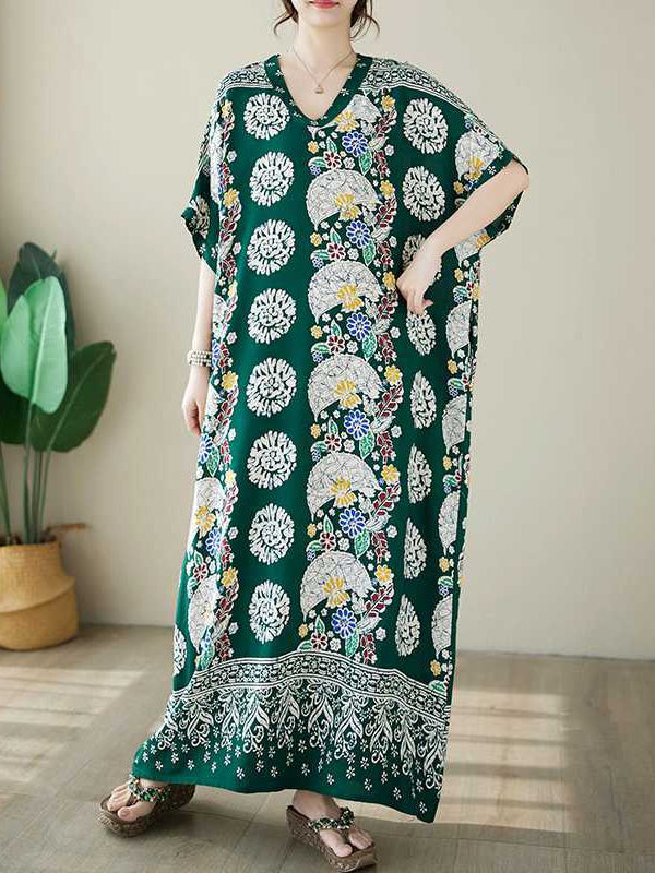 Retro Printed V-Neck Short Sleeve Maxi Dress