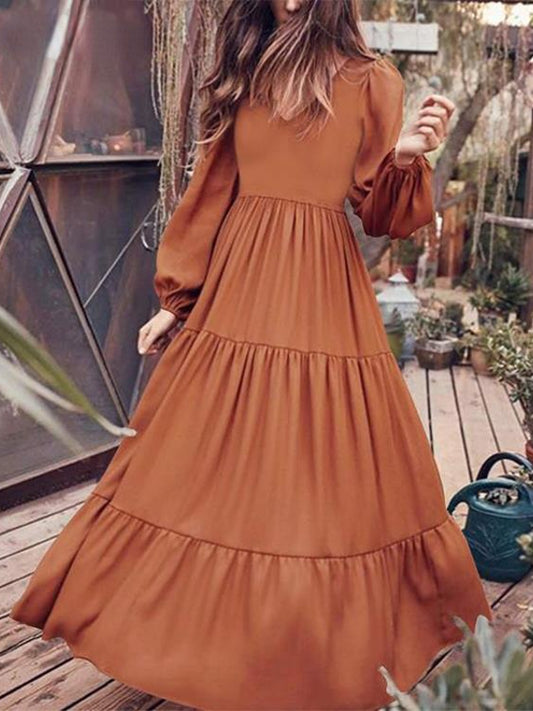 Simple Solid Color V-neck Long Sleeve Maxi Dress