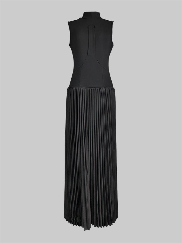 Bodycon Sleeveless Hollow Pleated Solid Color Split-Joint Mock Neck Maxi Dresses