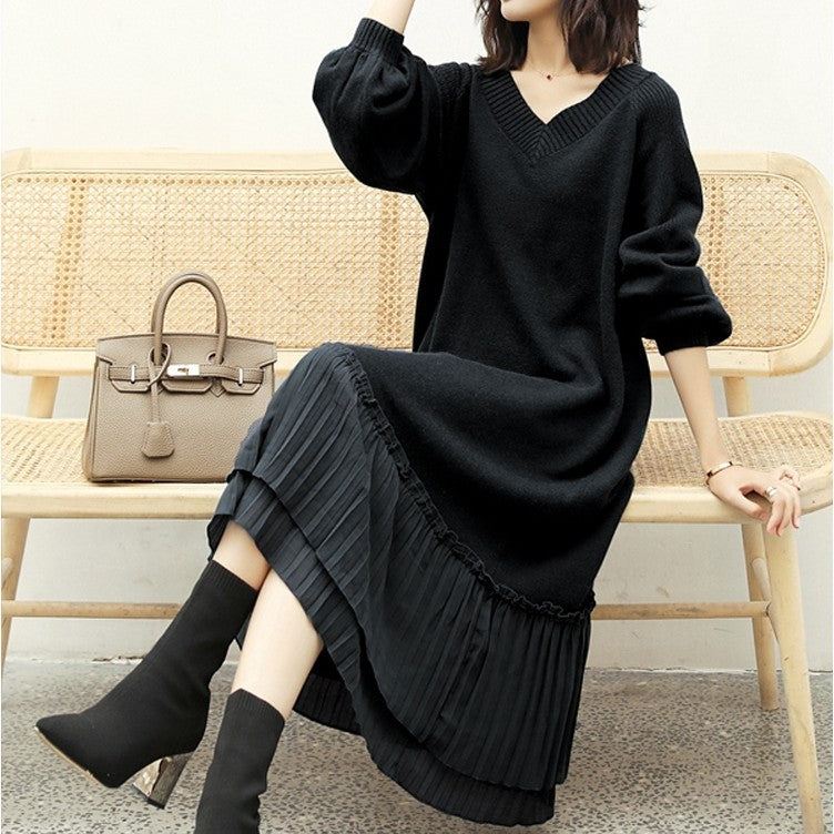 Loose Splicing V-Neck Long Sleeve Sweater Dress