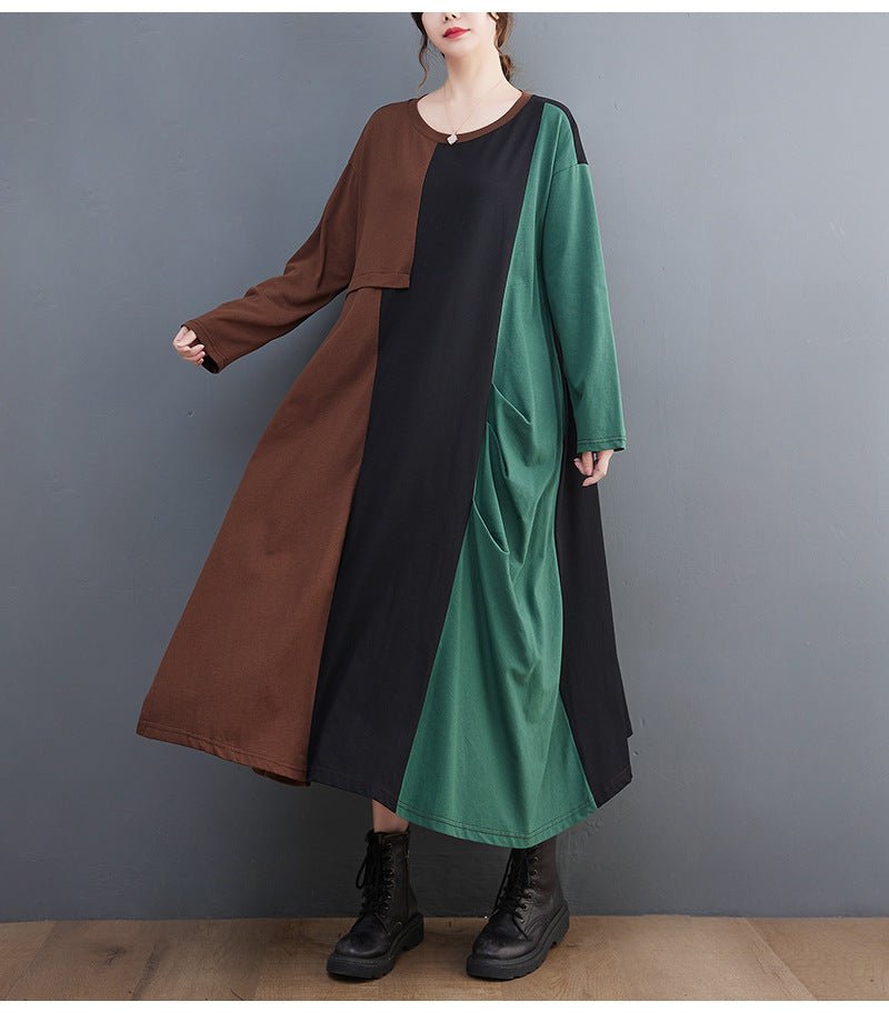Loose Color Blocking Splicing Round Neck Midi Dress