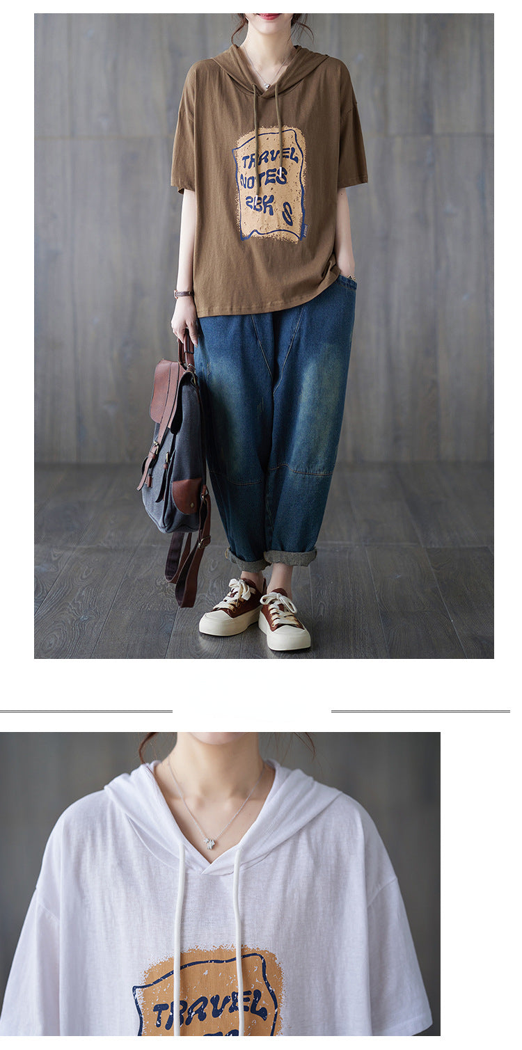 Casual Printed Hooded Short Sleeve T-shirt