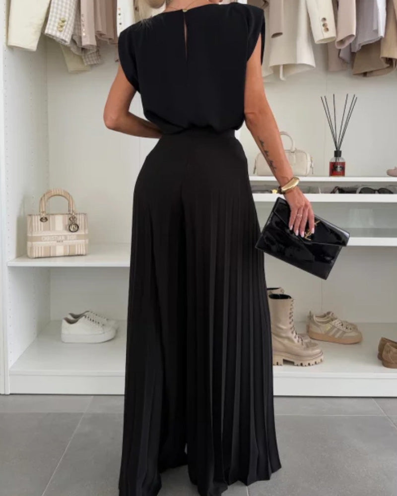 Round Neck Sleeveless Top Wide Leg Pants Set