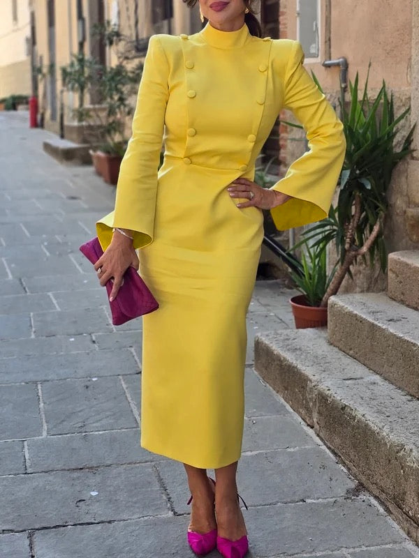 Flared Sleeves High Waisted Buttoned Solid Color Mock Neck Midi Dresses