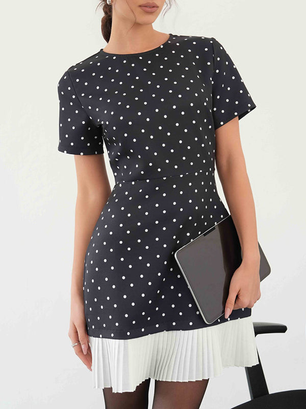 A-Line High Waisted Pleated Polka-Dot Split-Joint Round-Neck Mini Dresses