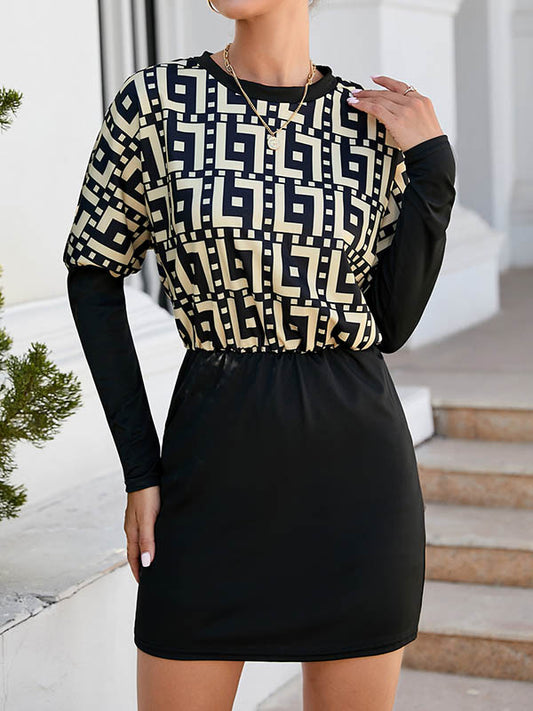 Bodycon Long Sleeves Contrast Color Elasticity Printed Round-Neck Mini Dresses