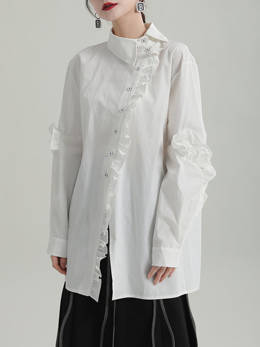 Special Asymmetric Collar Solid Color Long Sleeve Shirt
