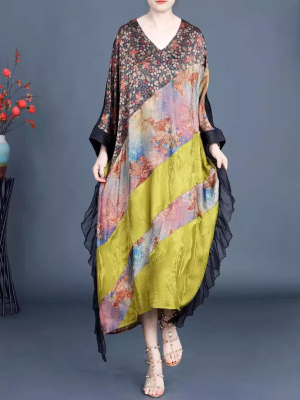 Vintage Jacquard Splicing Bat Sleeve V-Neck Maxi Dress